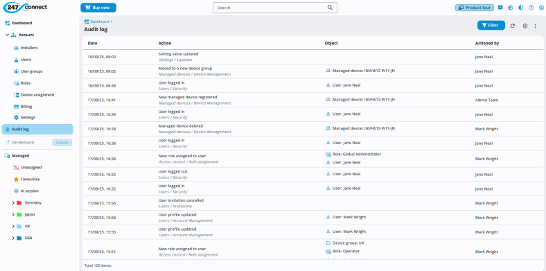 Screen showing the Audit log in 247connect. The main panel displays a table with columns: Action, Category / Sub category, Actioned by, and Date. The table lists user activities such as logins, logouts, setting updates, and device group changes. Buttons for Filter and Refresh are at the top right. 
